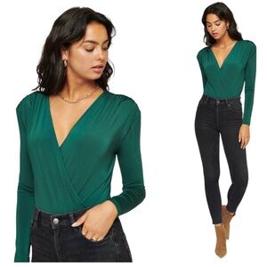 DYNAMITE Wrap Bodysuit With V Cut & Long Sleeves Jade Green Size XXS
